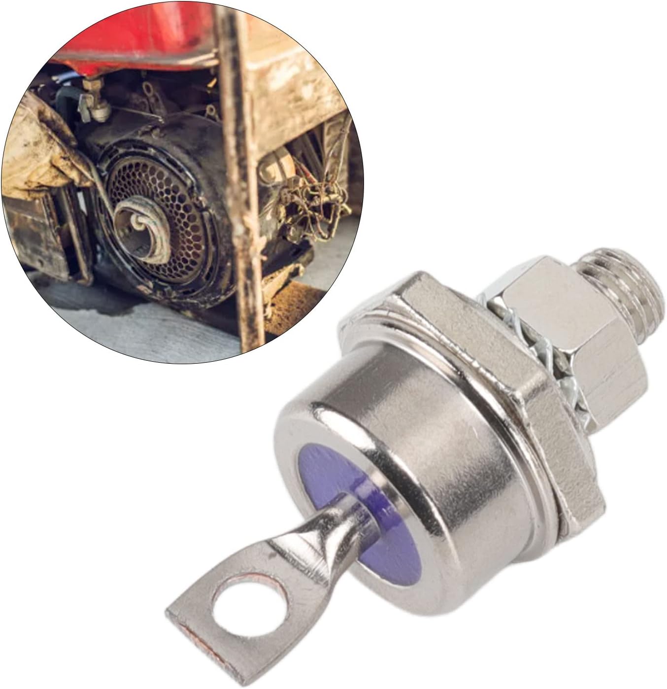 Rectifier Diode 40HFR120 Iron Replacement Stable 40A Diode - a metal stud-mount diode with a purple insulator and a ring terminal, with a circular inset of a generator engine.