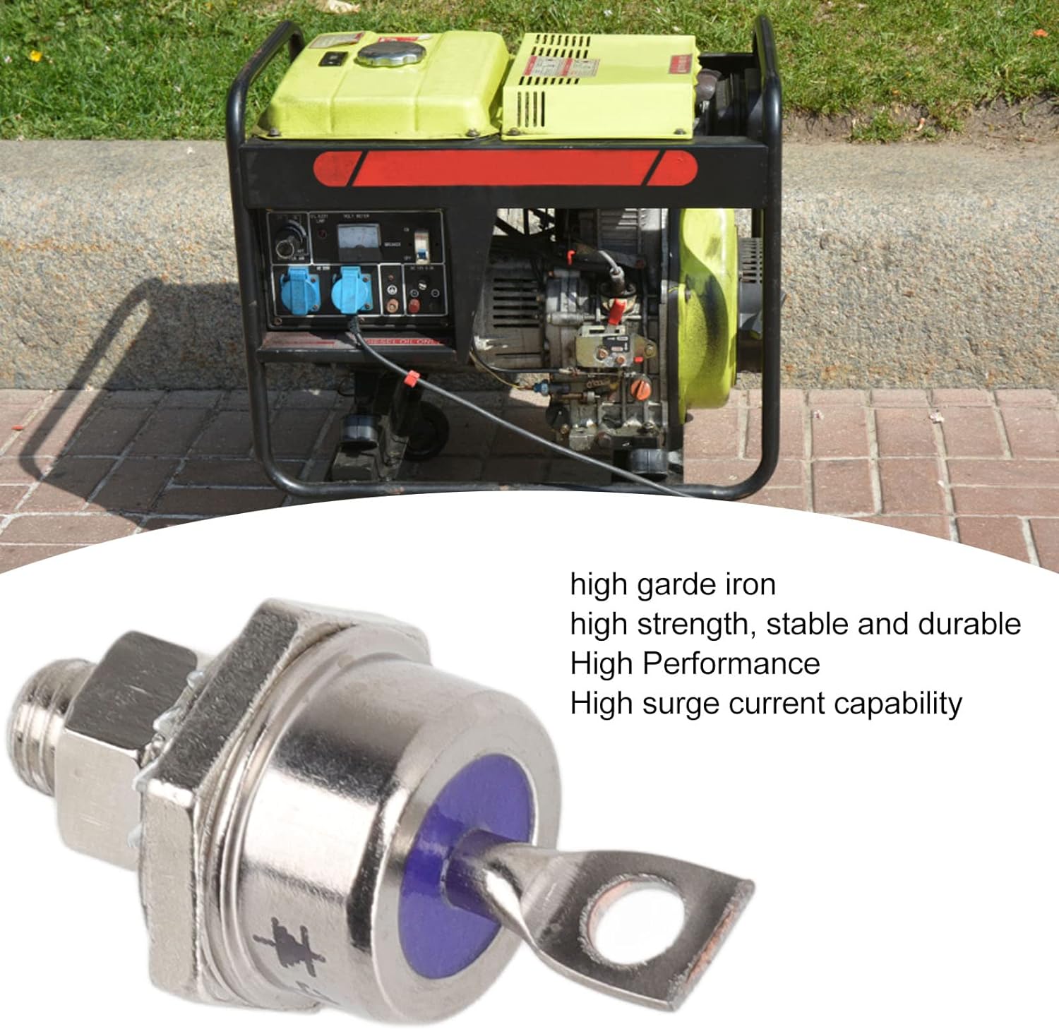 Rectifier Diode 40HFR120 Iron Replacement Stable 40A Diode - a silver-coloured metal stud diode with a threaded base and a flat, ring-terminal connector, shown with a portable generator.