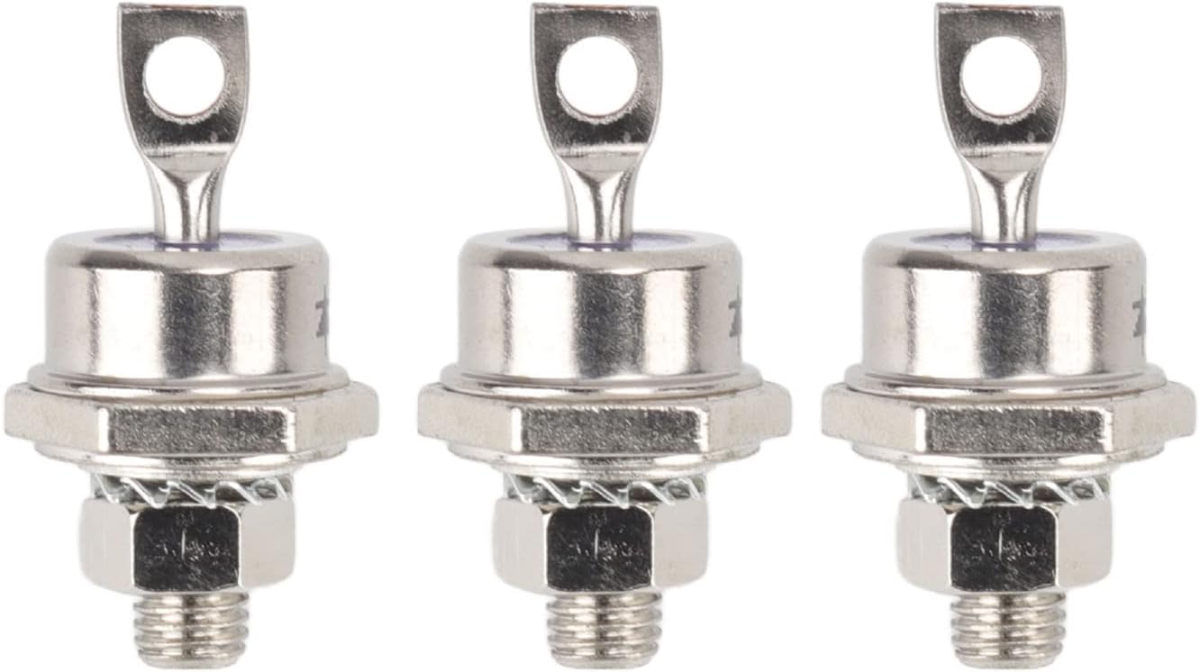 Rectifier Diode 40HFR120 Iron Replacement Stable 40A Diode - three silver-coloured stud-mount diodes with threaded bases, hexagonal nuts, and top terminal lugs arranged side by side.