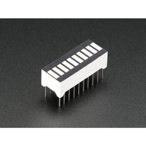 Red 10-Segment LED Bar Graph Display – Audio VU Meter, Power & Signal Level Indicator Module - a rectangular white component with ten red rectangular light segments arranged in a row on a black surface.