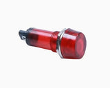 Red 12V DC LED Pilot Light with Resistor and Wire - a cylindrical red plastic indicator light with a threaded body, a metal nut, and two wire terminals.