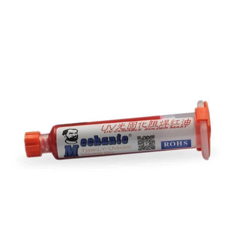 Red Color 10CC UV Curable Solder Mask PCB Fixing Repairing Paint - with an orange cap and plunger.