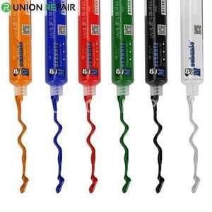 Red Color 10CC UV Curable Solder Mask PCB Fixing Repairing Paint - shown alongside five other colored tubes of the same brand, each dispensing a wavy line.