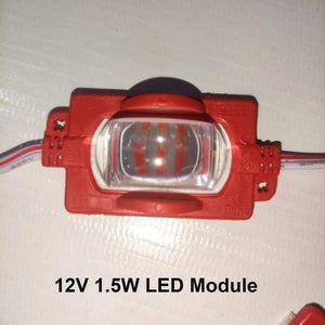 Red Color 12V 1.5W LED Module Self Adhesive Light - a close-up of a red rectangular LED unit with a central lens and wires extending from both sides.