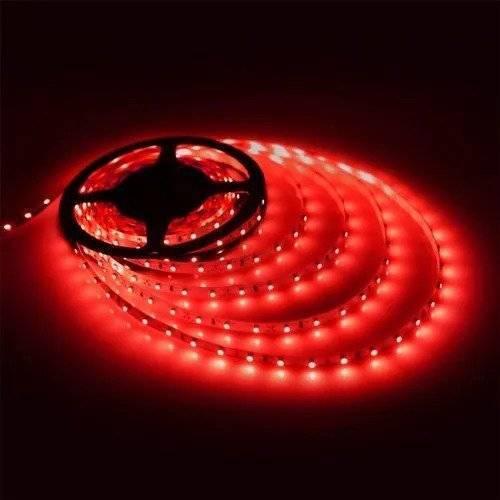 Red Color 5V DC Strip Light Rolls 5 Meter Each - shown as a coiled, glowing red LED strip on a black plastic spool against a dark background.