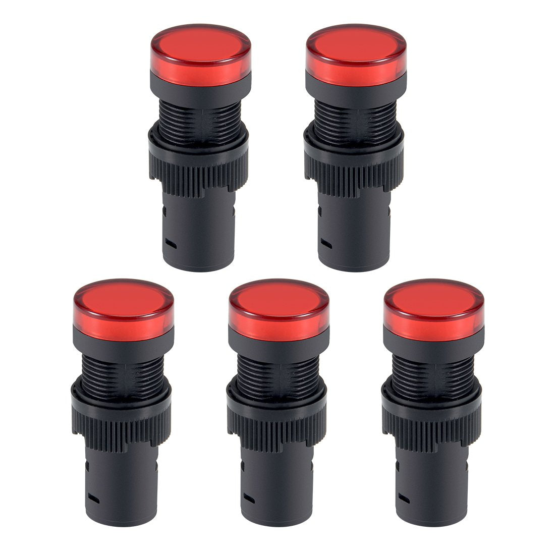 Red Indicator Light AC/DC 24V, 16mm Panel Mount, for Electrical Control Panel, HVAC, DIY Projects - five identical cylindrical red-topped indicator lights arranged in two rows against a white background.