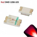 Red SMD 1206 LED Super Bright Light Emitting Diode - two small red light-emitting diodes with gold-plated terminals and a glowing red light effect in the corner.