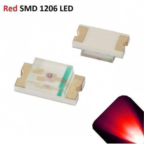 Red SMD 1206 LED Super Bright Light Emitting Diode - two small red light-emitting diodes with gold-plated terminals and a glowing red light effect in the corner.