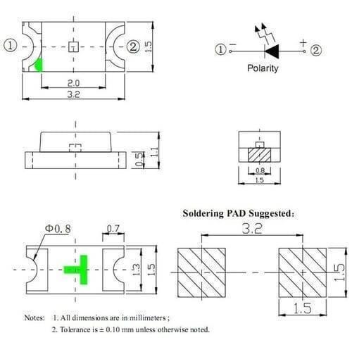 Red SMD 1206 LED Super Bright Light Emitting Diode - the component dimensions, polarity, and suggested soldering pad layout.