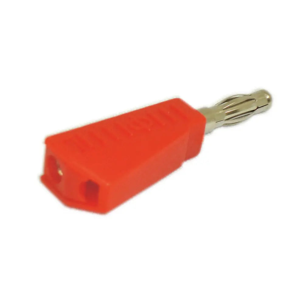 Red Stackable 4mm Banana Plugs Jacks Connector - shown as a single red plastic connector with a metal banana plug tip and two rear-facing ports.