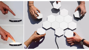 Red Touch Light Wall Mount Magnetic Modular (1pc) - multiple white hexagonal LED panels being assembled by hands on a flat surface with touch control.