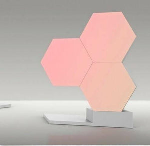 Red Touch Light Wall Mount Magnetic Modular (1pc) - three connected pink hexagonal light panels mounted on a small grey stand.