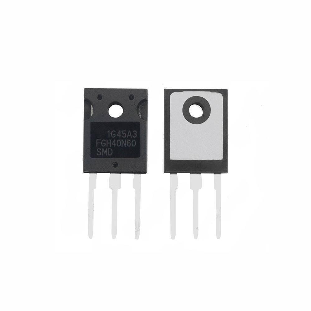 Refurbished 40N60 IGBT - two black three-pin electronic components with metallic backs and the text FGH40N60 1G45A3 SMD printed on the front.