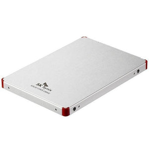 Refurbished High Quality 128GB 2.5-inch SATA SSD Solid State SK Hynix brand Drive - a silver rectangular solid state drive with red corner accents, shown from a high-angle perspective.