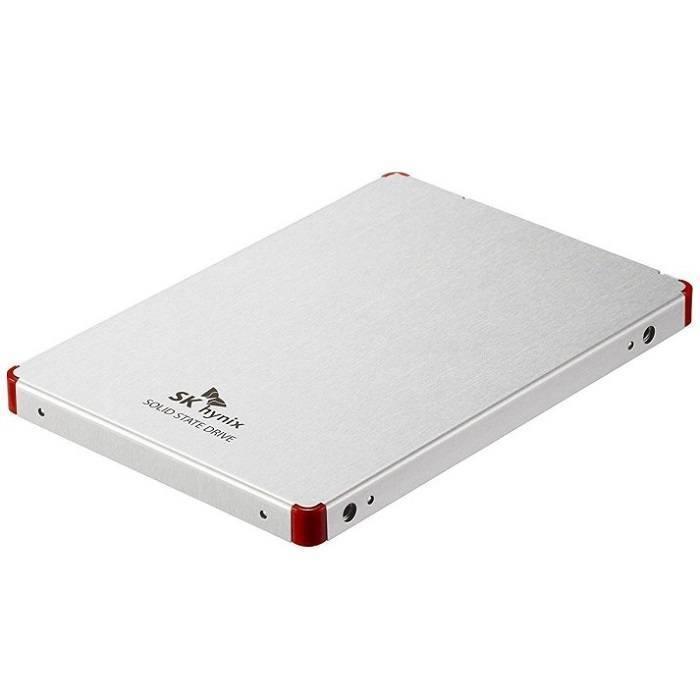 Refurbished High Quality 128GB 2.5-inch SATA SSD Solid State SK Hynix brand Drive - a silver rectangular solid state drive with red corner accents, shown from a high-angle perspective.