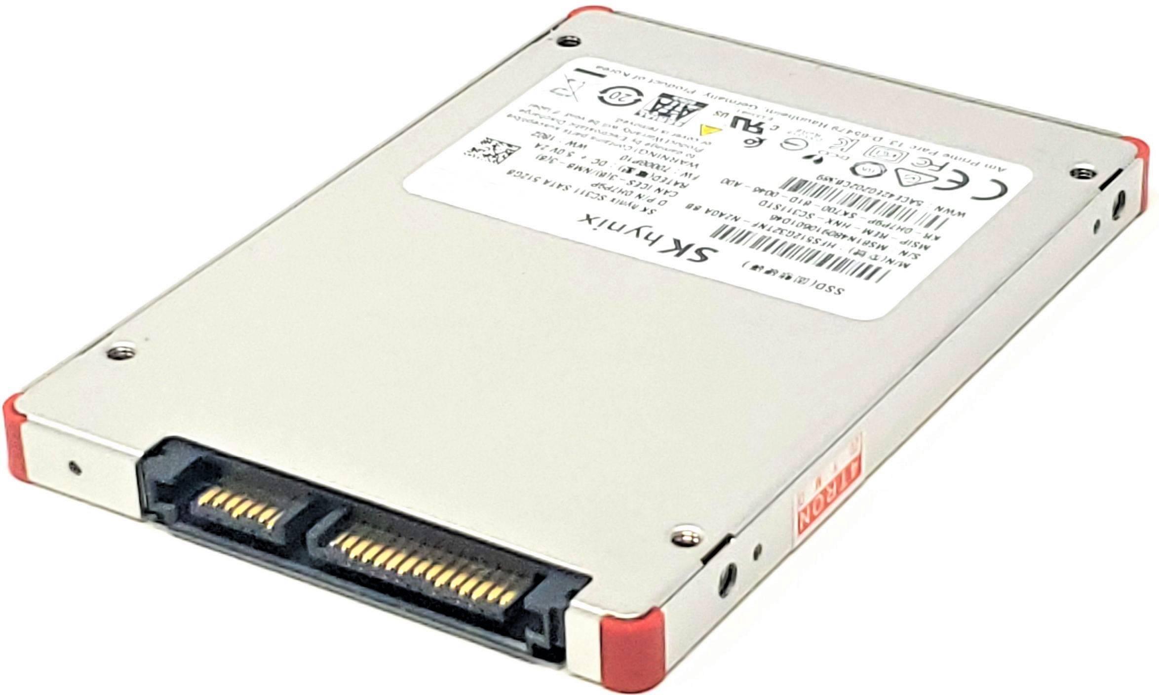 Refurbished High Quality 128GB 2.5-inch SATA SSD Solid State SK Hynix brand Drive - a silver rectangular drive with a visible SATA data and power connector port and red corner bumpers.