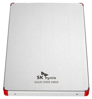Refurbished High Quality 128GB 2.5-inch SATA SSD Solid State SK Hynix brand Drive - a silver-coloured 2.5-inch SATA SSD with red corner protectors, shown from a top-down perspective.