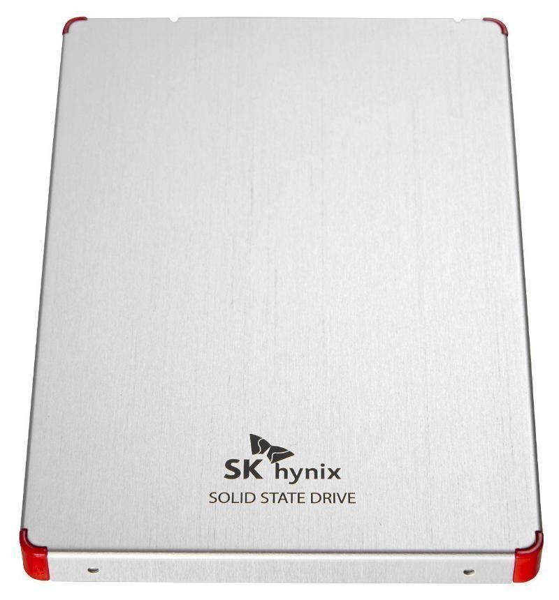 Refurbished High Quality 128GB 2.5-inch SATA SSD Solid State SK Hynix brand Drive - a silver-coloured 2.5-inch SATA SSD with red corner protectors, shown from a top-down perspective.
