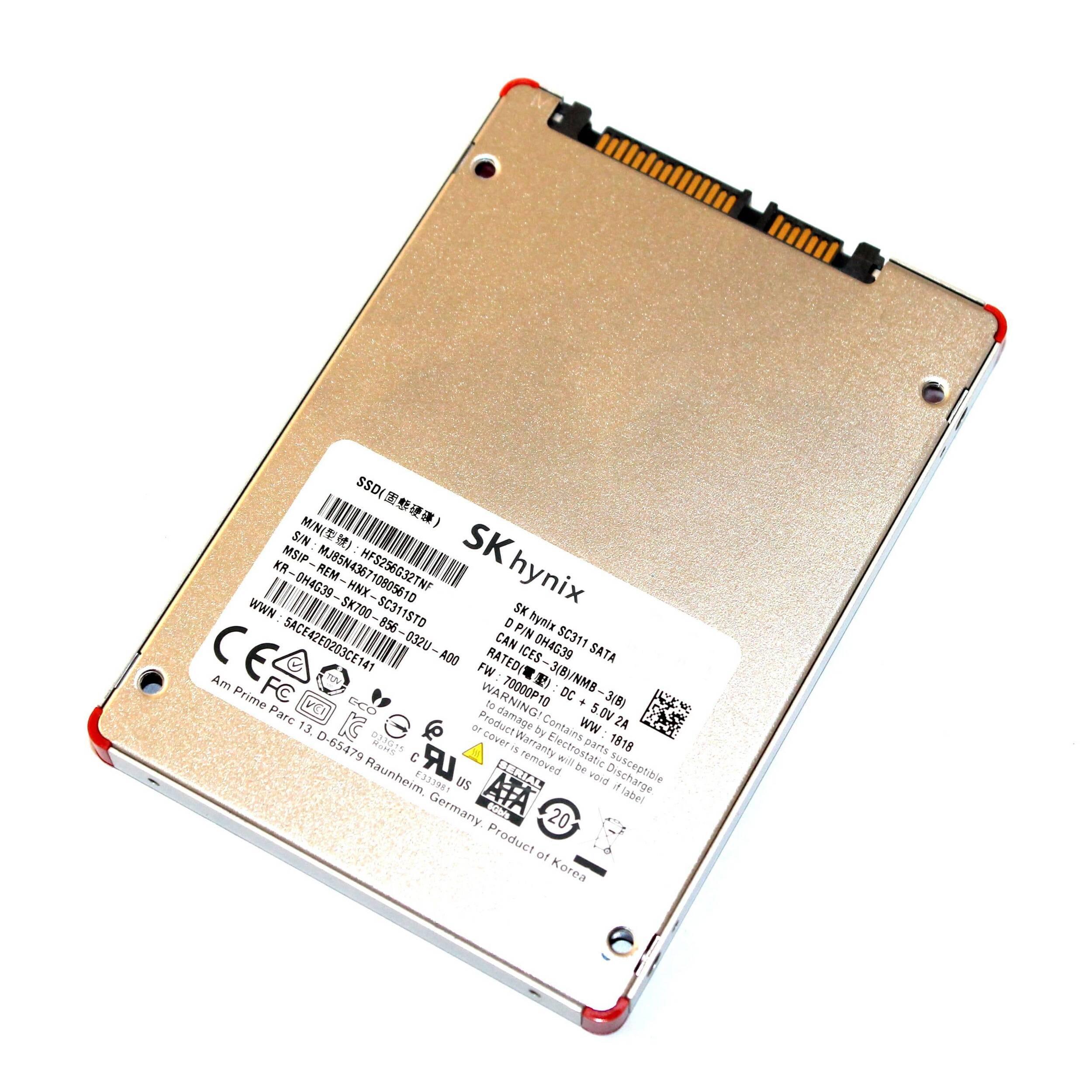 Refurbished High Quality 128GB 2.5-inch SATA SSD Solid State SK Hynix brand Drive - a gold-toned metal casing with a white label displaying product specifications and a SATA connector port.