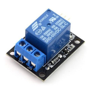 Relay Module 1 Channel - 10A/250VAC 5V Coil - a blue relay mounted on a black circuit board with a three-terminal blue screw connector block.