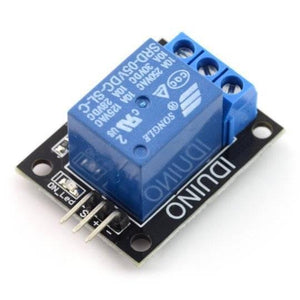 Relay Module 1 Channel - 10A/250VAC 5V Coil - a blue relay component on a black circuit board with three input pins and a three-terminal screw connector.
