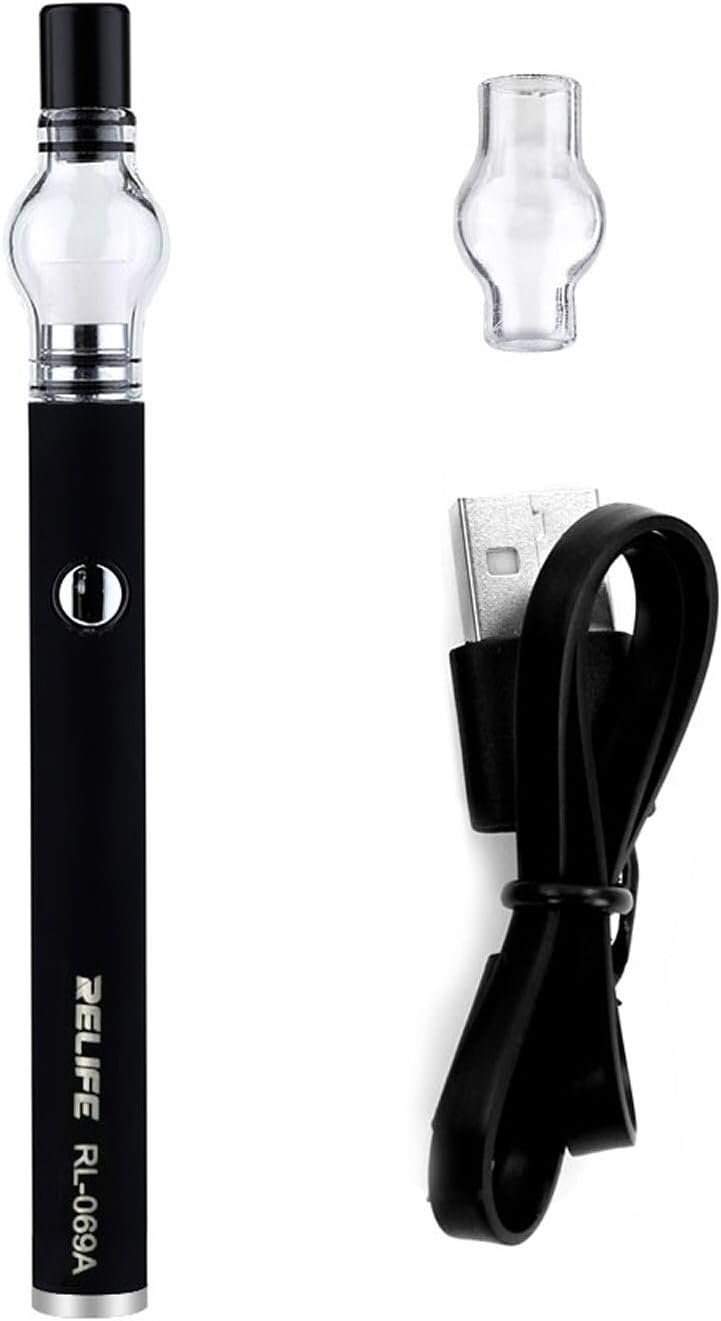Relife RL-069 Rosin Dispenser for Short Circuit Detection price - a black pen-style device with a button, a glass attachment, a spare glass bulb, and a black USB charging cable.