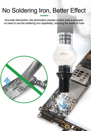 Relife RL-069 Rosin Dispenser for Short Circuit Detection price - shown atomizing smoke onto a circuit board, with an inset image demonstrating the avoidance of a traditional soldering iron.