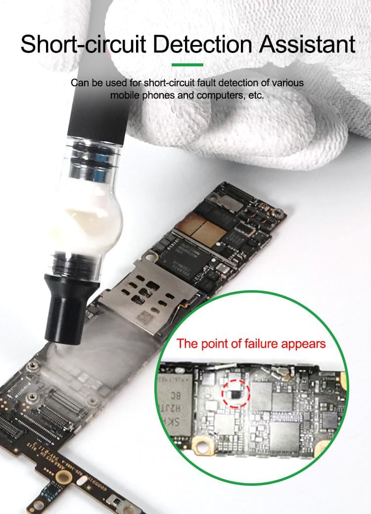 Relife RL-069 Rosin Dispenser for Short Circuit Detection price - shown applying smoke to a mobile phone circuit board, with an inset highlighting a specific component failure point.