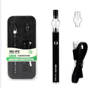 Relife RL-069A Rosin Short Circuit Detector Built-in Battery For Detecting Failure Points Of Phone Computer Motherboard - shown with its packaging, a black pen-style device with a button, a glass bulb, and a USB charging cable.