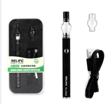 Relife RL-069A Rosin Short Circuit Detector Built-in Battery For Detecting Failure Points Of Phone Computer Motherboard - shown with its packaging, a black pen-style device with a button, a glass bulb, and a USB charging cable.