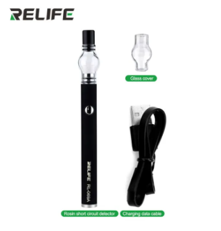 Relife RL-069A Rosin Short Circuit Detector Built-in Battery For Detecting Failure Points Of Phone Computer Motherboard - a black pen-style device with a button, a glass cover, and a black USB charging cable.