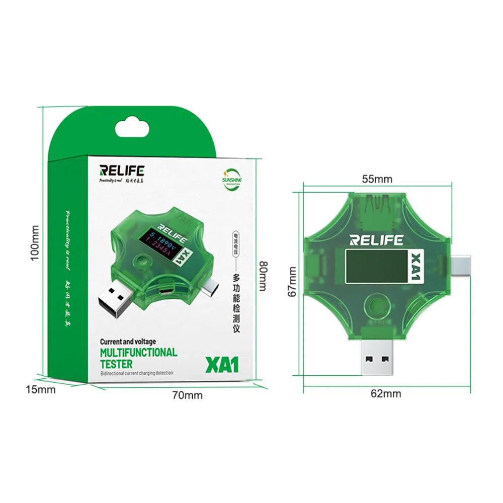 RELIFE XA1 Current and Voltage Multifunctional Tester - shown in its green packaging box alongside a dimensioned diagram of the green, star-shaped device.