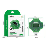 RELIFE XA1 Current and Voltage Multifunctional Tester - shown in its green packaging box alongside a dimensioned diagram of the green, star-shaped device.