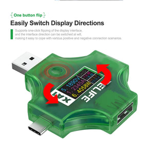 RELIFE XA1 Current and Voltage Multifunctional Tester - green translucent USB tester showing a digital screen with voltage, current, and power readings, a button, and USB-A and USB-C connectors.