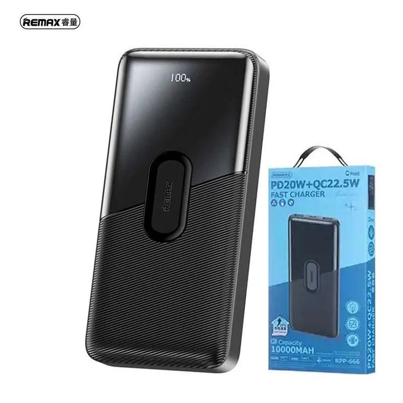 Remax 22.5W 10000mAh Dual Port Fast Charging Power Bank with LED Display RPP-666 - shown as a black, textured portable charger with a 100% LED display next to its blue retail packaging box.