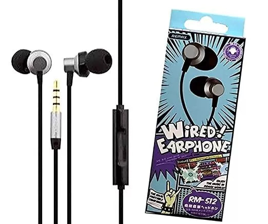 Remax Metal Stereo Music Handfree Rm 512 - black wired earphones with a 3.5mm jack and control unit next to its retail packaging box.