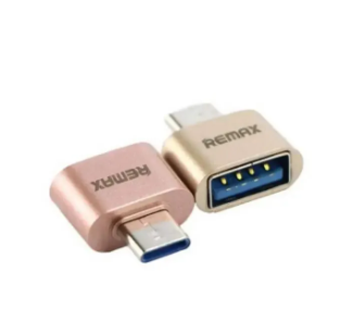 Remax OTG Type c OTG For Android Type For All Android USB Converter For Smartphones - two metallic USB-A female to USB-C male converters in rose gold and gold colors.
