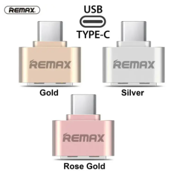 Remax OTG Type c OTG For Android Type For All Android USB Converter For Smartphones - shown in three colors: gold, silver, and rose gold, each featuring a USB Type-C connector.