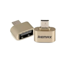 Remax OTG Type c OTG For Android Type For All Android USB Converter For Smartphones - two gold-colored units showing a Micro-USB connector on one side and a USB-A port on the other.