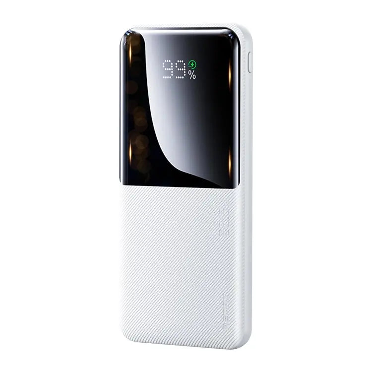 Remax RPP-622 20W+22.5W pd+QC fast power bank 10000mAh - a white rectangular device featuring a glossy black top section with a digital display showing 99% and a charging icon.