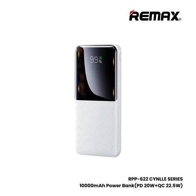Remax RPP-622 20W+22.5W pd+QC fast power bank 10000mAh - a white rectangular portable charger with a black glossy top section featuring a digital display showing 99%.