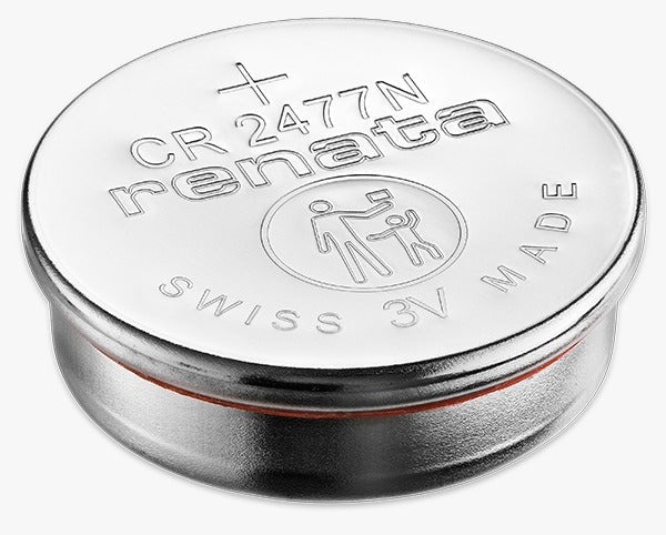 RENATA Cell Lithium Battery 3V CR2477N 1 Pieces - a silver-coloured circular coin battery with text and a child-safety symbol embossed on the top surface.