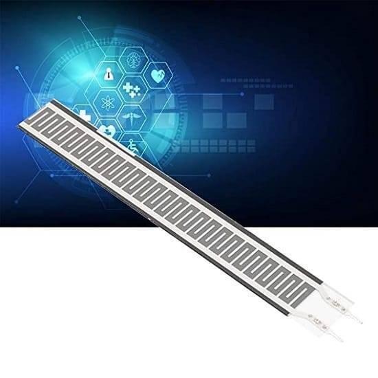 Resistive Film Fsr Force Sensitive Pressure Sensor Rp-l-110 - a long, thin, grey-patterned flexible strip with two metal connector pins at one end.