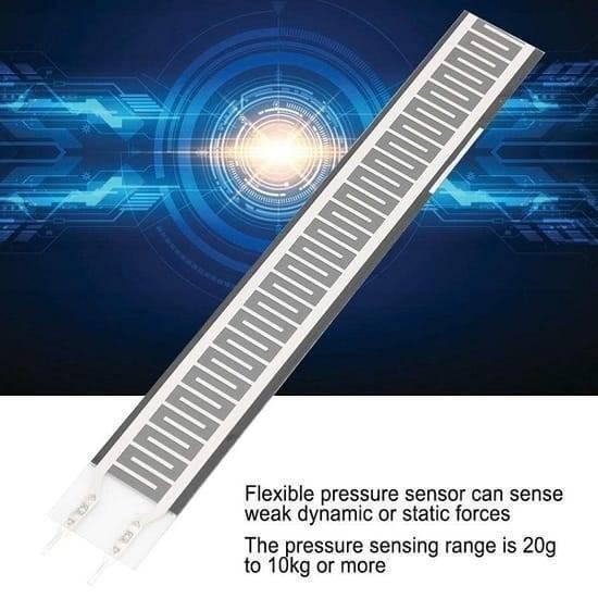 Resistive Film Fsr Force Sensitive Pressure Sensor Rp-l-110 - a long, thin, flexible grey strip with a zigzag conductive pattern and two metal pins.