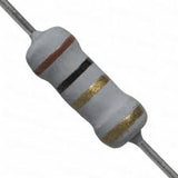 Resistor 1 Ohm 1W Metal Oxide Buy - a cylindrical grey electronic component with two metal leads and four colored bands: brown, black, gold, and gold.