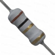 Resistor 1 Ohm 1W Metal Oxide Buy - a cylindrical grey electronic component with two metal leads and four colored bands: brown, black, gold, and gold.