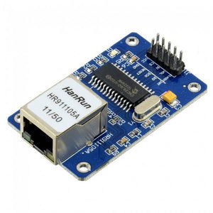 Retired Product ENC28J60 Arduino Ethernet Module LAN Network Module - a blue circuit board featuring a HanRun HR911105A RJ45 port, an ENC28J60 chip, a crystal oscillator, and header pins.