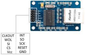 Retired Product ENC28J60 Arduino Ethernet Module LAN Network Module - a blue rectangular circuit board featuring an RJ45 Ethernet port, a 10-pin header, and a silver crystal oscillator.