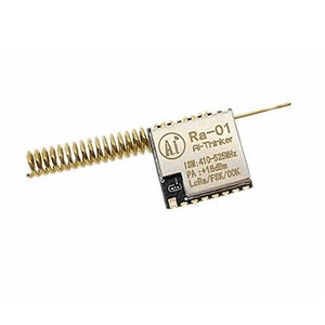 Retired Product Lora Ra-01 433MHz SX1278 Long Range Wireless Module - with a gold-coloured coiled antenna attached to a square metal-shielded circuit board.