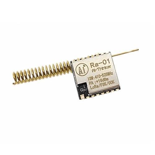 Retired Product Lora Ra-01 433MHz SX1278 Long Range Wireless Module - with a gold-coloured coiled antenna attached to a square metal-shielded circuit board.